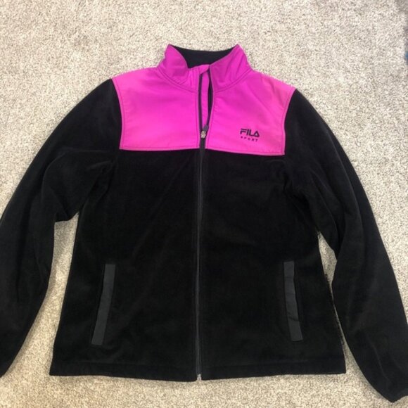Fila Sport Women’s Full Zip Black‎ Purple Fleece Jacket Medium Pockets - Picture 1 of 4